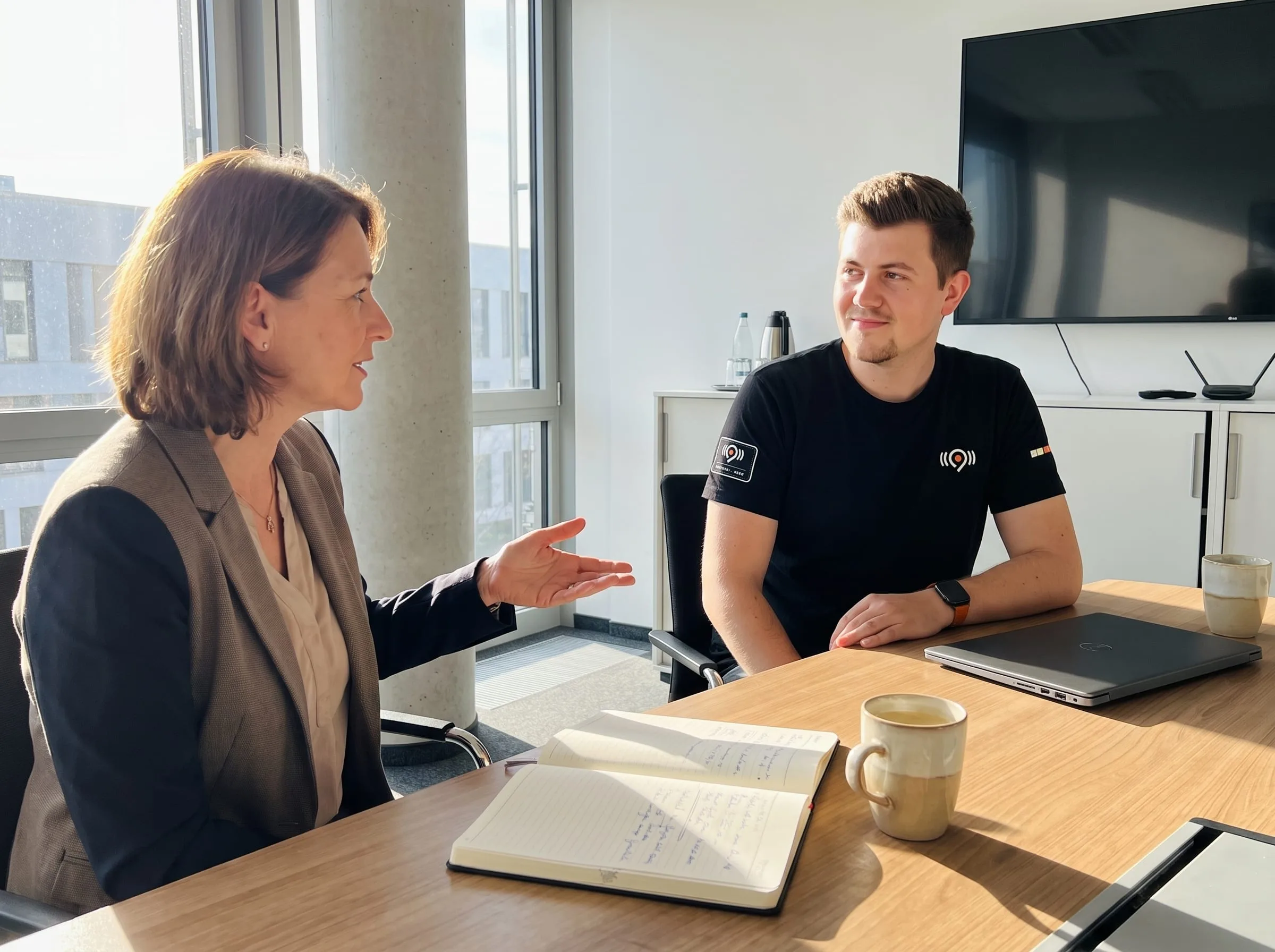 Erstes Gespräch: Eine Marketingleiterin erklärt ihre Idee für die Veranstaltung, gegenüber sitzt der Projektleiter