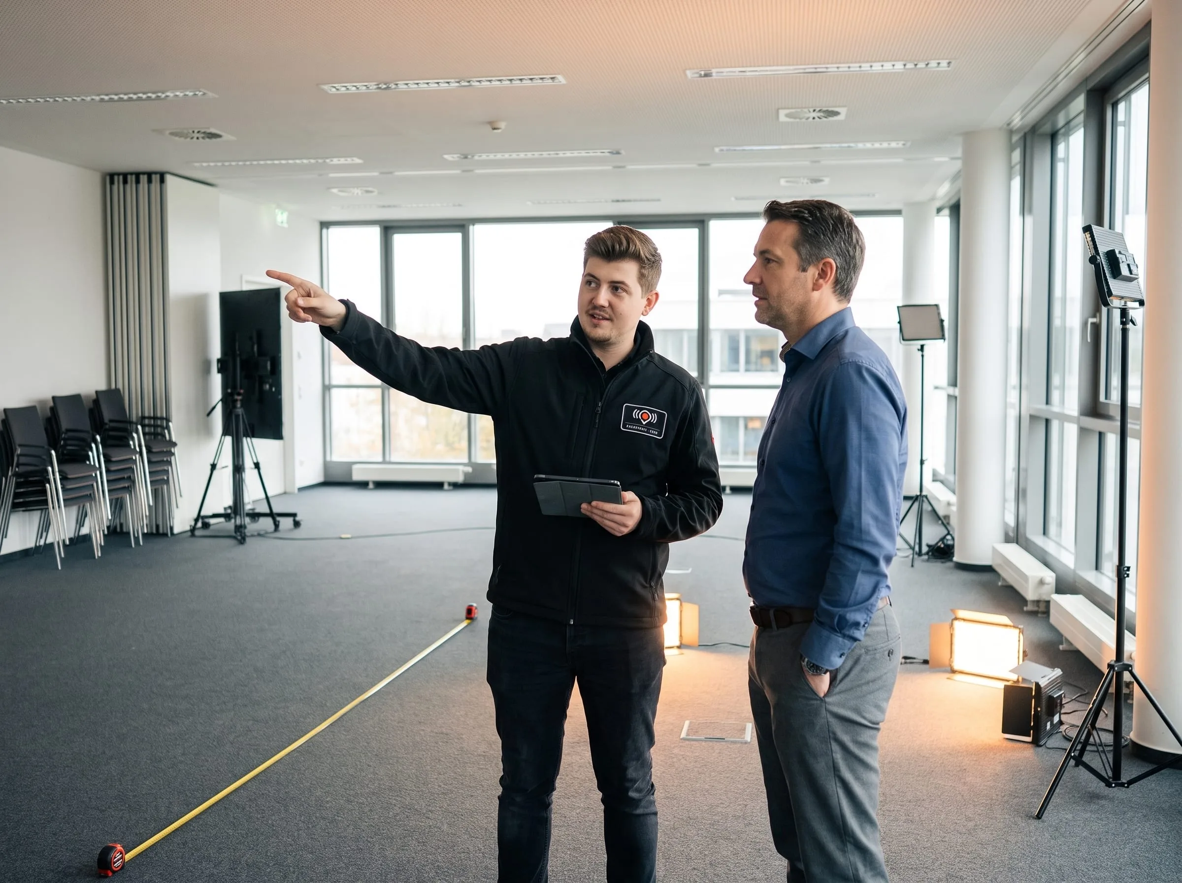 Begehung der Location: Der Projektleiter zeigt dem Kunden, wo LED-Wand und Kameras stehen werden