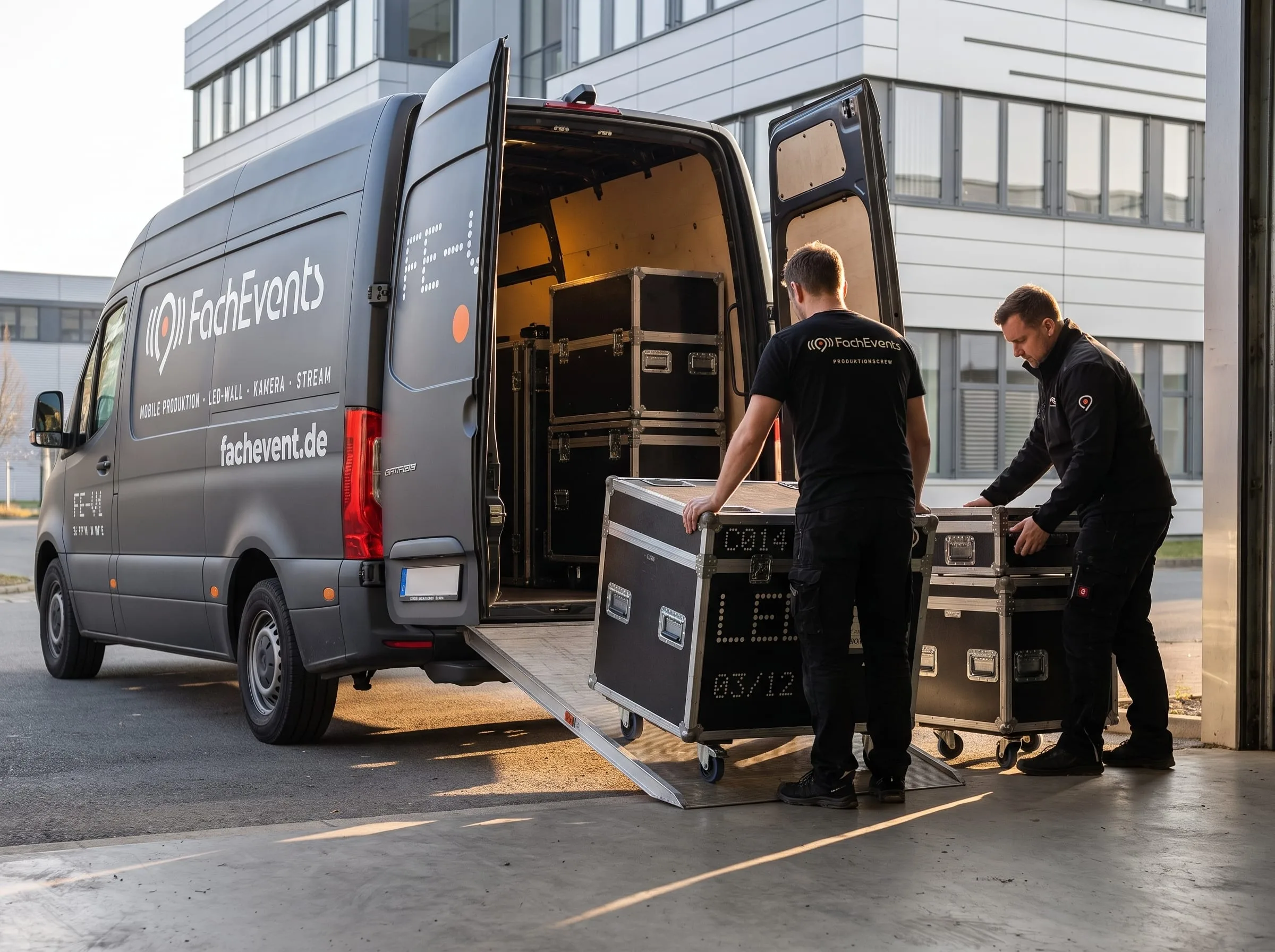 Aufbau am Veranstaltungstag: Die Crew lädt Flight-Cases mit Veranstaltungstechnik aus dem Transporter