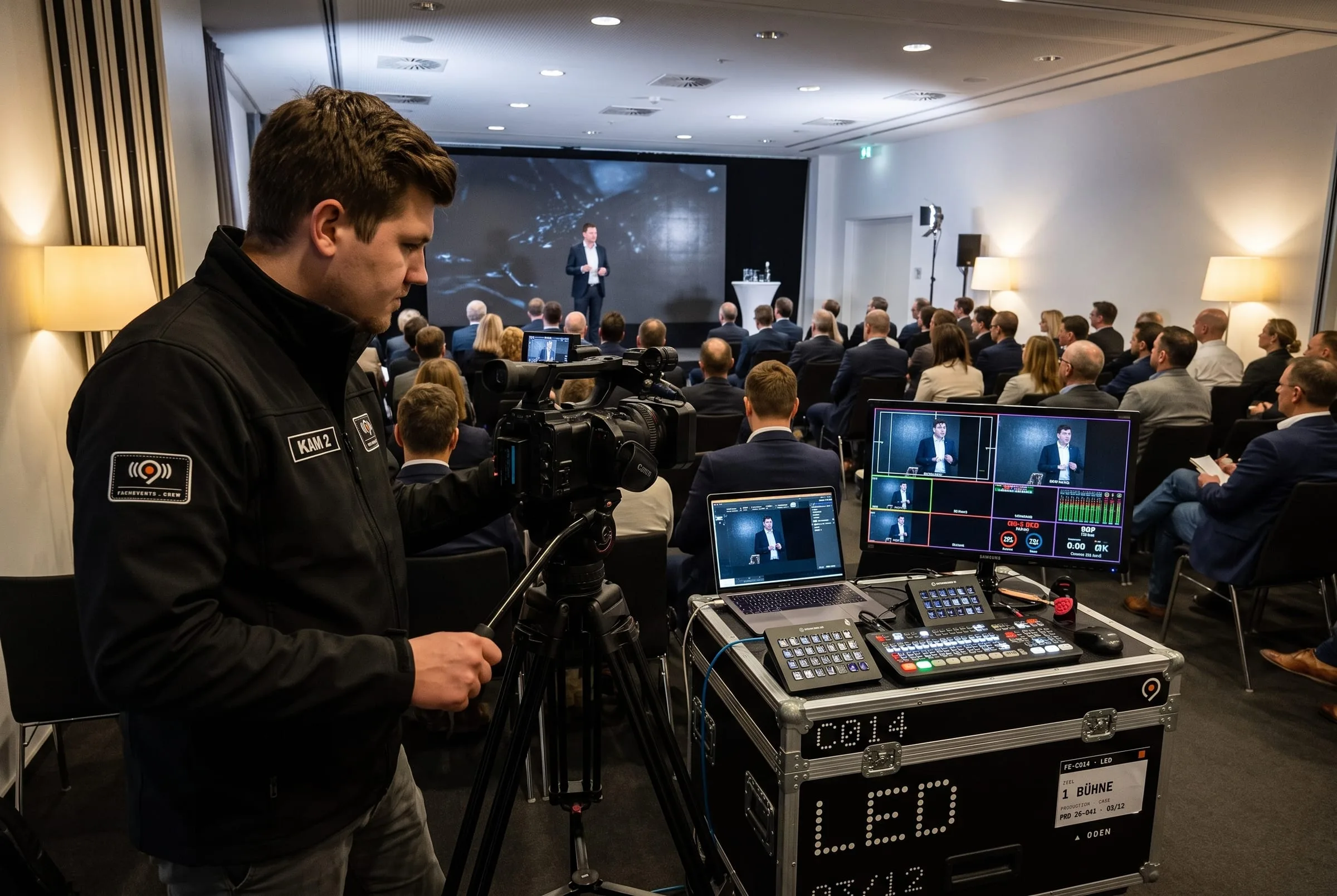 Kundentag mit Vortrag vor vollem Saal, vorn Kamera und Livestream-Platz mit Bildmischer auf einem Flight-Case