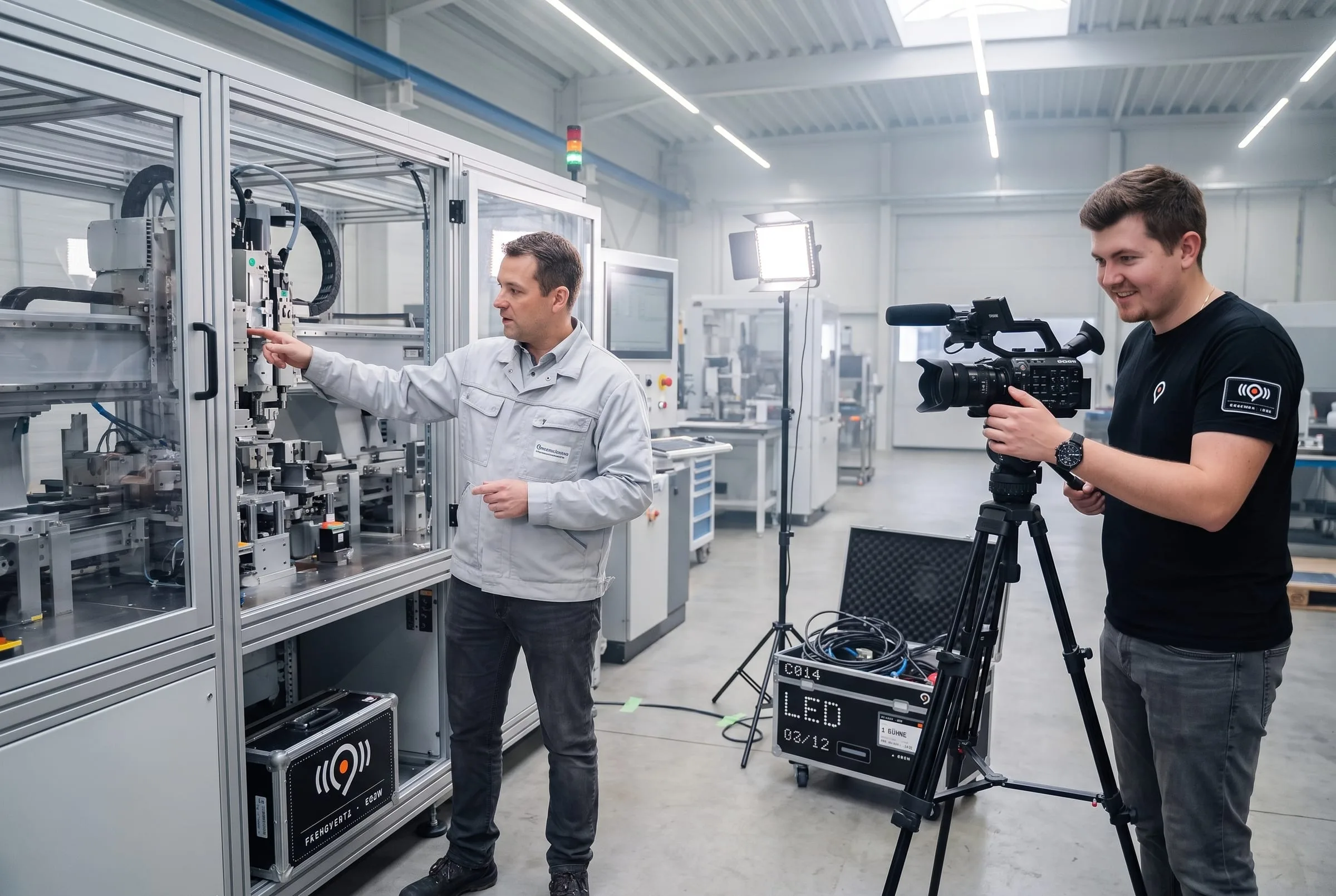 Produktvorführung in der Fertigungshalle: Ein Ingenieur erklärt seine Anlage, ein Kameramann filmt vom Stativ