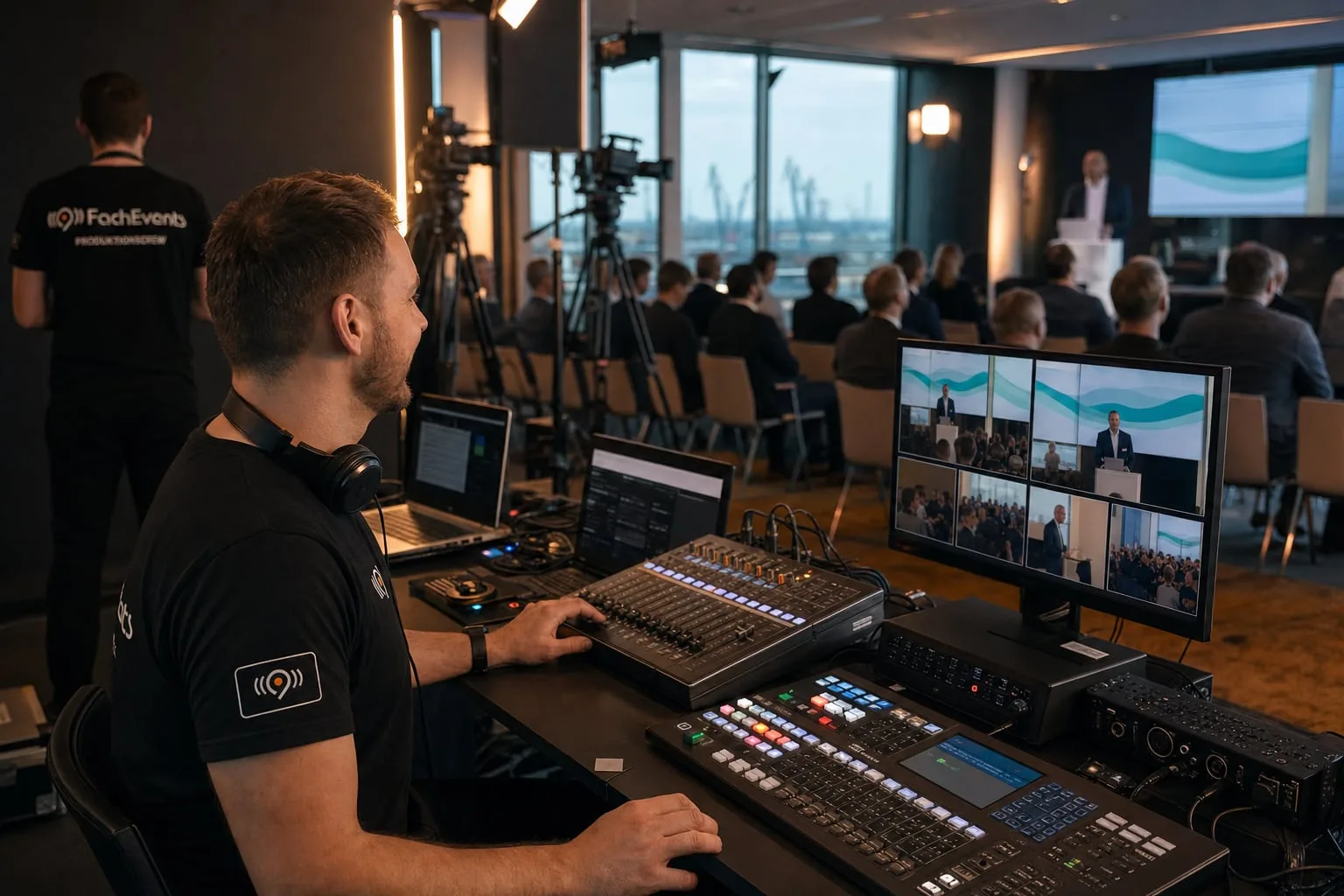 Technikplatz mit Tonmischpult und Bildmischer bei einer Konferenz in Hamburg, durch die Fenster Hafenkräne