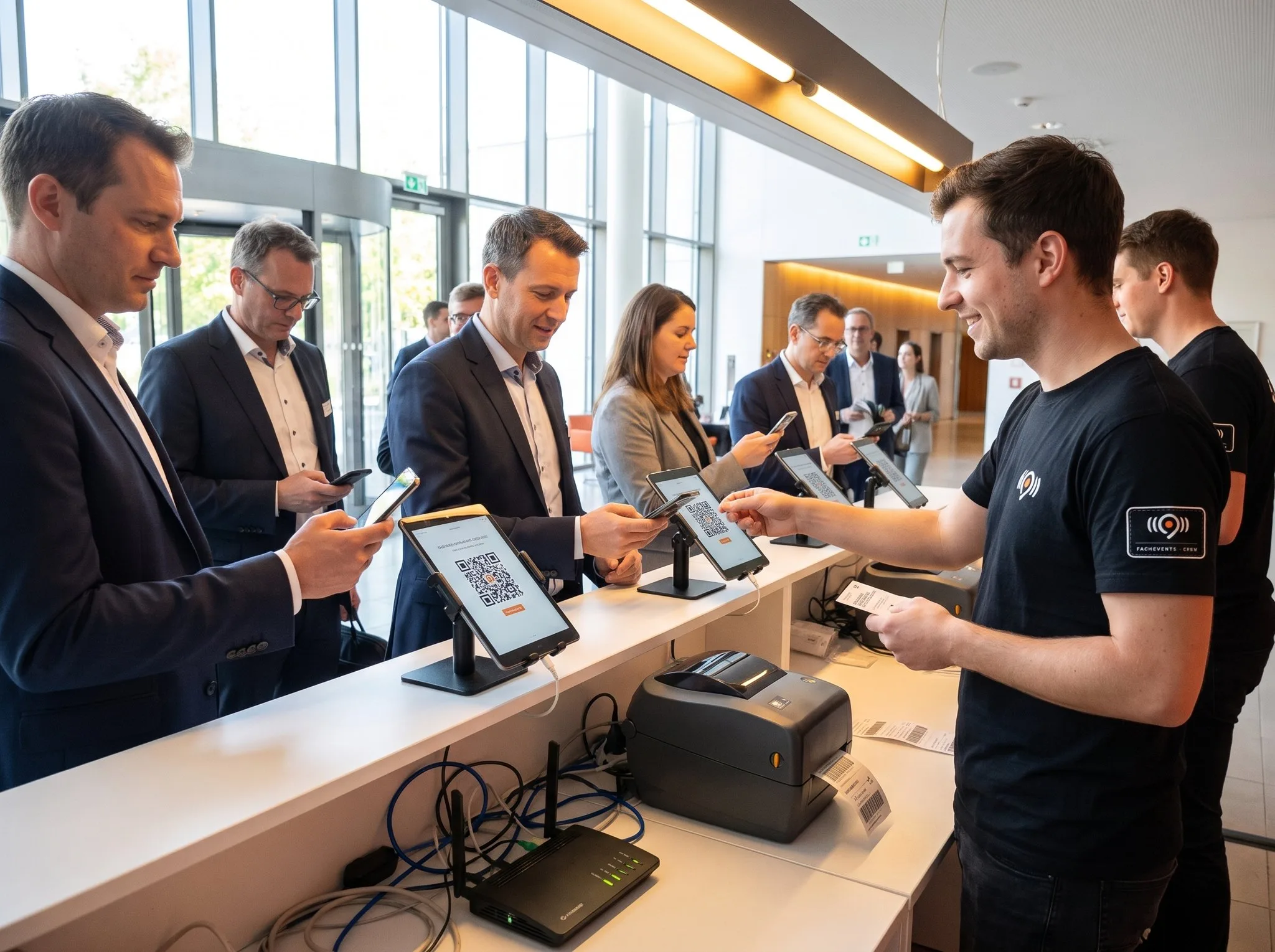Check-in am Einlass einer Konferenz: Tablets scannen QR-Codes, ein Badgedrucker druckt Namensschilder, unter dem Tresen ein Router