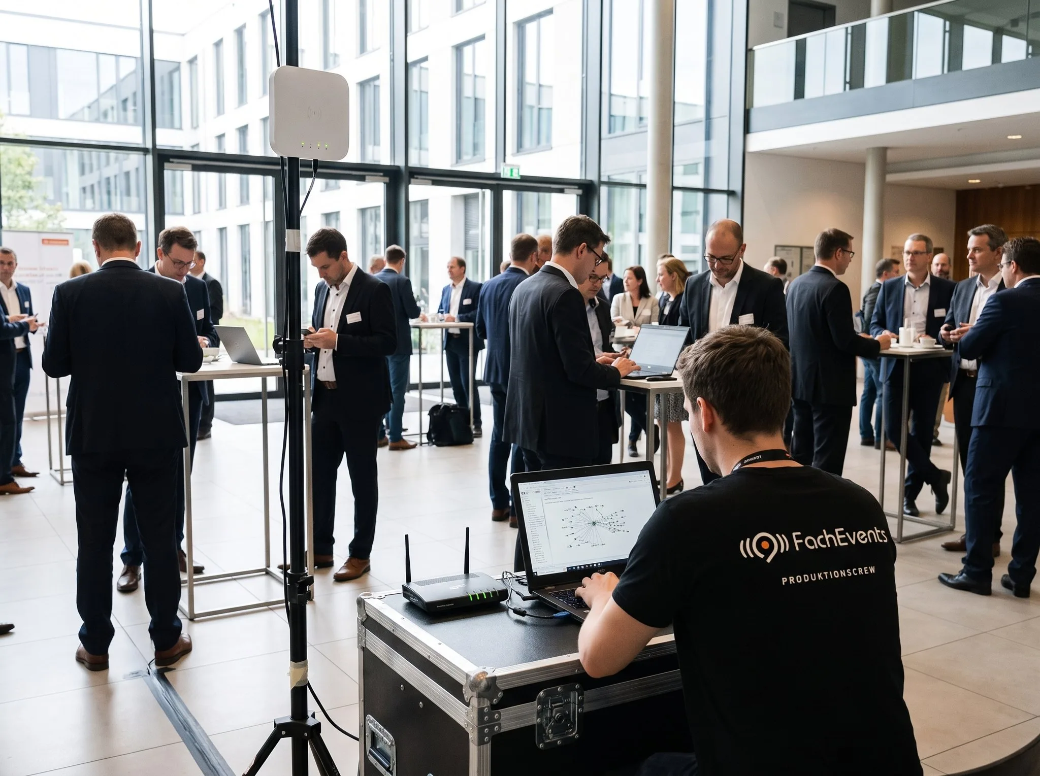Foyer einer Konferenz in der Pause: Gäste mit Smartphones und Laptops, über ihnen ein WLAN-Access-Point auf einem Stativ, am Rand ein Techniker am Netzwerkplatz