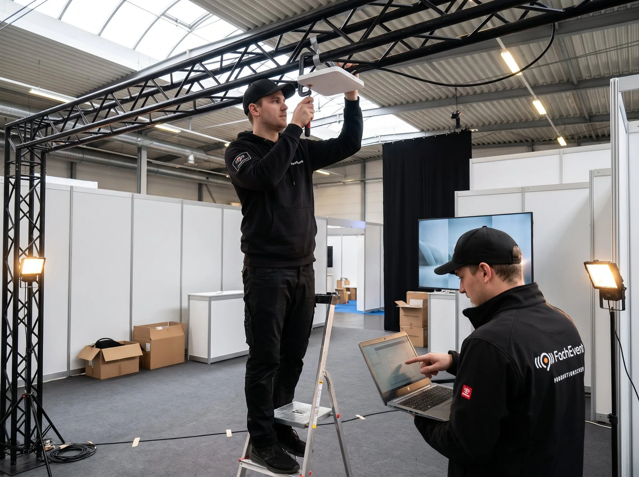 Aufbautag in einer Messehalle: Ein Techniker montiert einen WLAN-Access-Point an der Traverse, ein Kollege prüft das Signal am Laptop