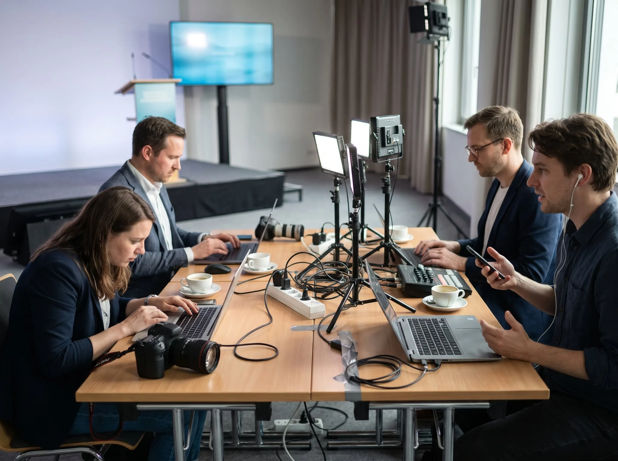 Pressebereich bei einer Pressekonferenz: Journalistinnen und Journalisten arbeiten an Laptops und übertragen Fotos