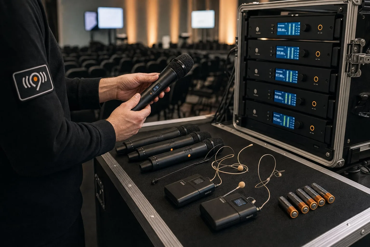 Funktechnik für eine Tagung: Handmikrofone, Headsets, Taschensender und Empfänger im Rack-Case
