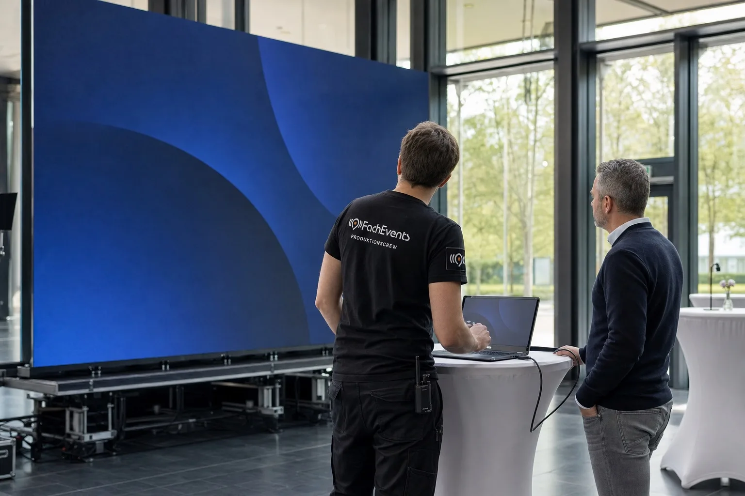 Gemietete LED-Wand im Foyer: Ein Techniker und ein Kunde prüfen am Laptop das Bild vor der Veranstaltung
