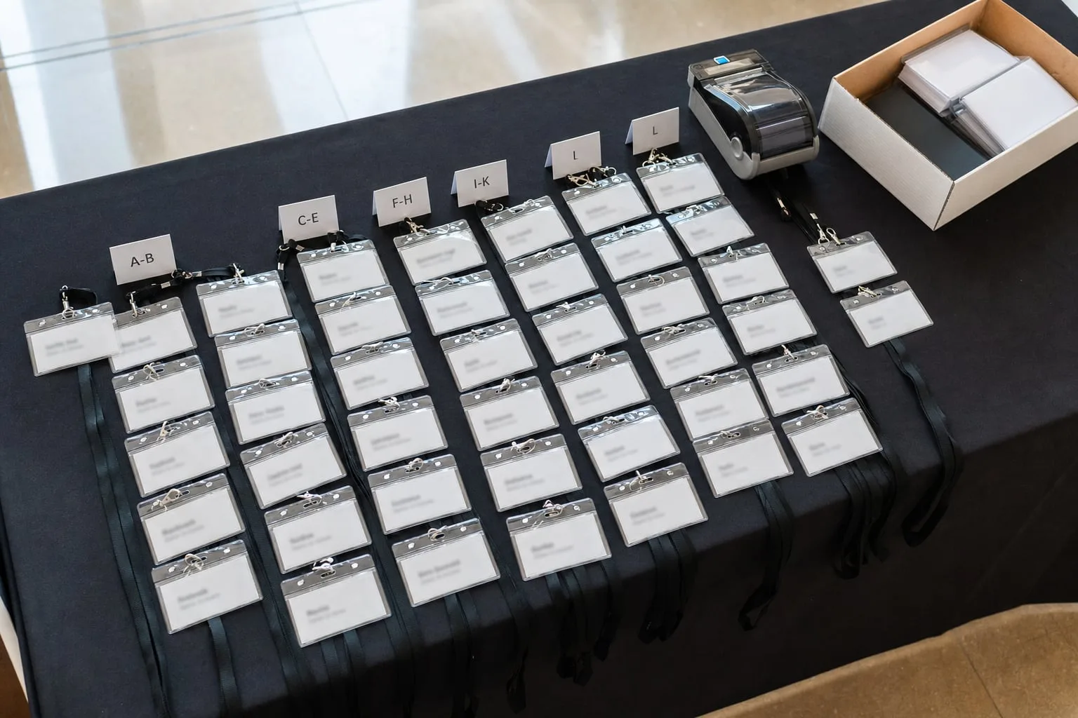 Namensschilder mit Bändern, alphabetisch sortiert auf dem Empfangstisch, dahinter der Badgedrucker