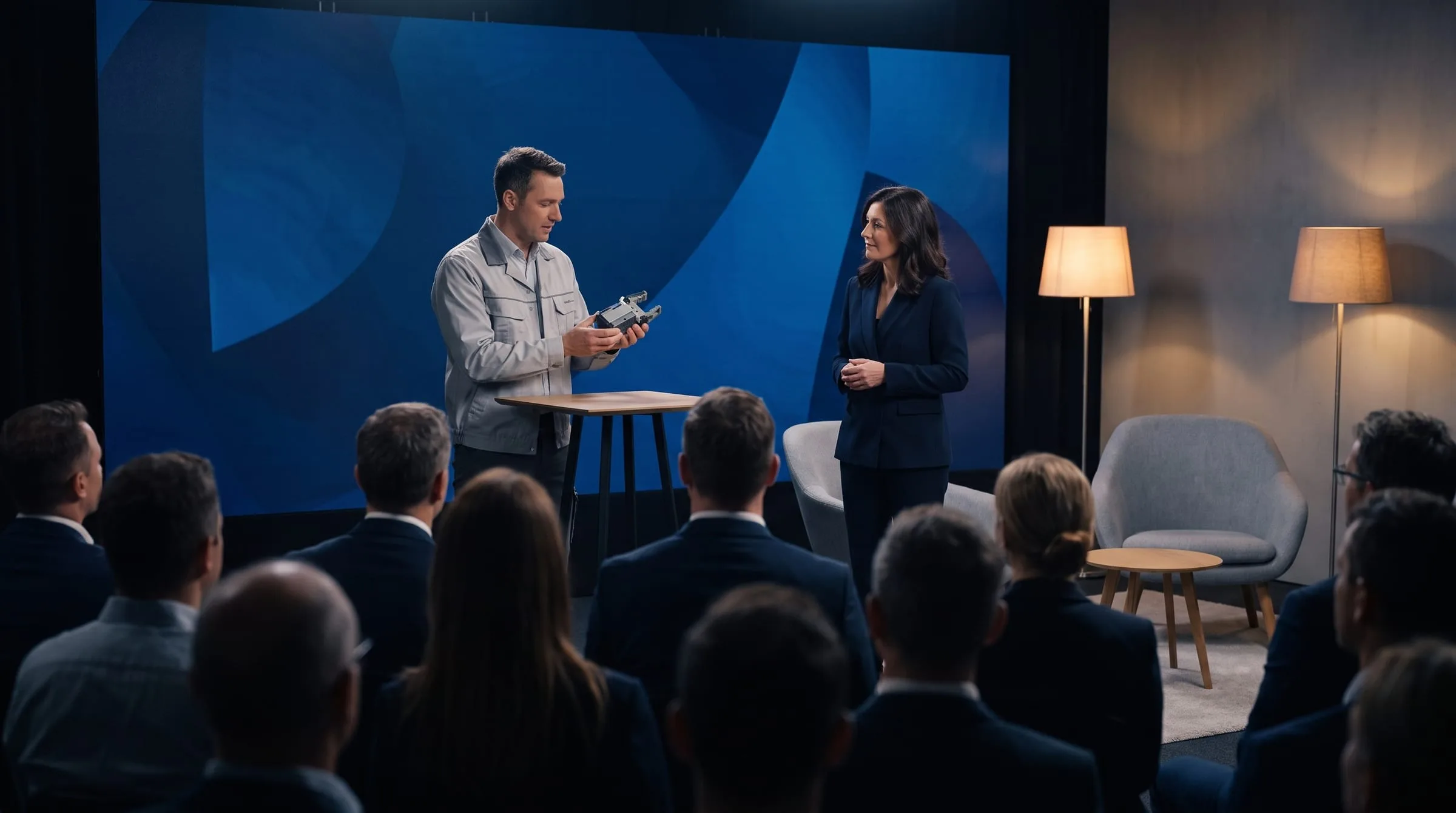 Produktshow vor Publikum: Ein Ingenieur zeigt ein Bauteil, die Moderatorin führt durch die Sendung