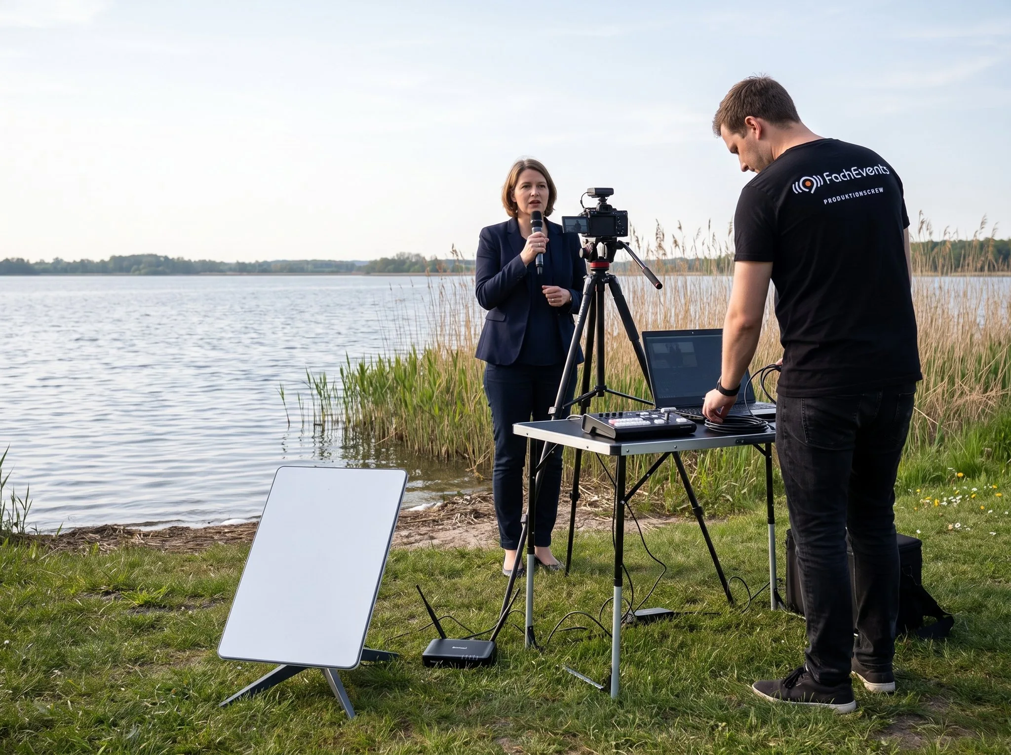 Außenproduktion an einem See: Kamera auf Stativ, Moderatorin mit Mikrofon, daneben Starlink-Antenne und Mobilfunk-Router auf der Wiese