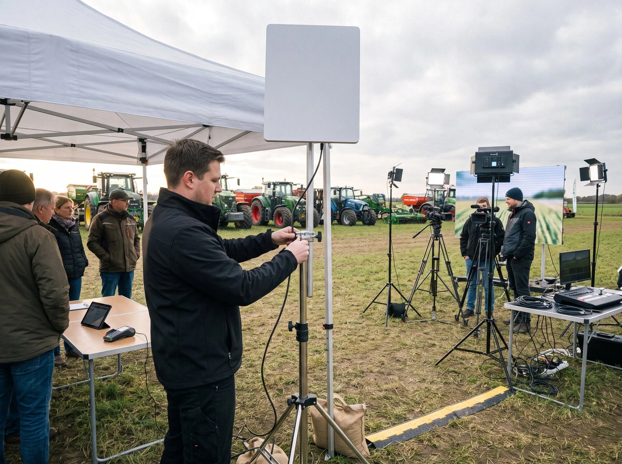 Feldtag mit Zelten und Traktoren: Ein Techniker justiert die Starlink-Antenne am Mast, am Tisch Tablet und Kartenterminal