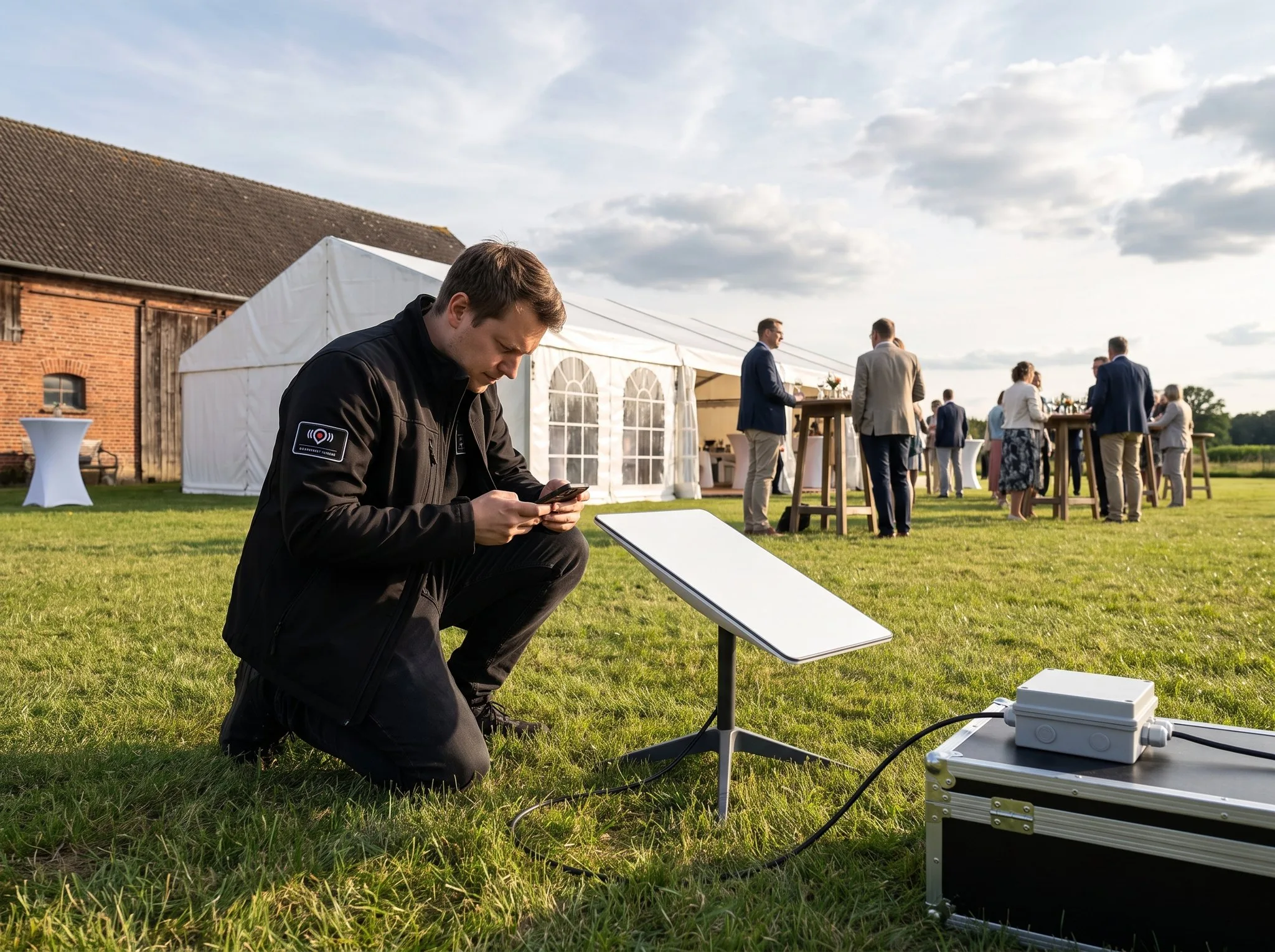 Sommerfest auf einem Landgut: Ein Techniker richtet eine Starlink-Antenne auf der Wiese vor dem Festzelt ein