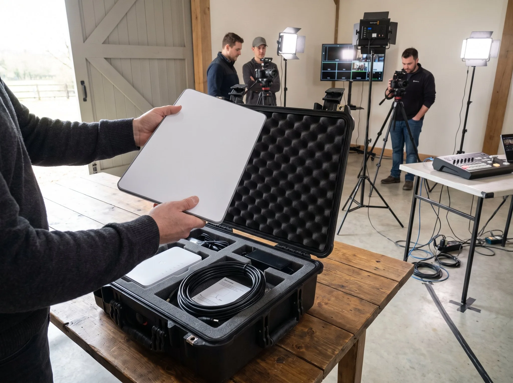 Starlink-Mietpaket im Transportkoffer: Antenne, Router und Kabel werden in einer Scheune ausgepackt