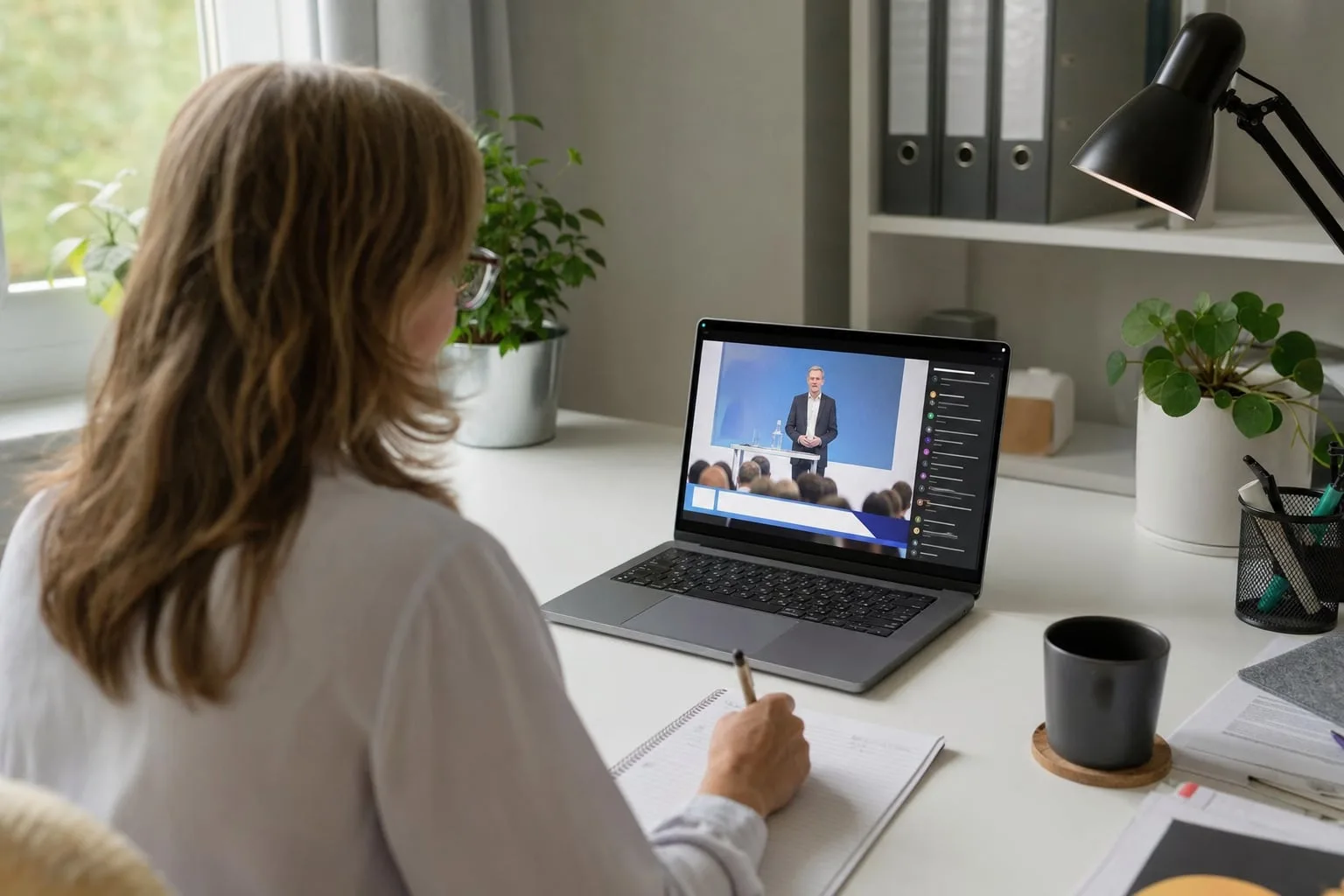 Livestream einer Tagung: Eine Zuschauerin verfolgt den Vortrag am Laptop und macht sich Notizen