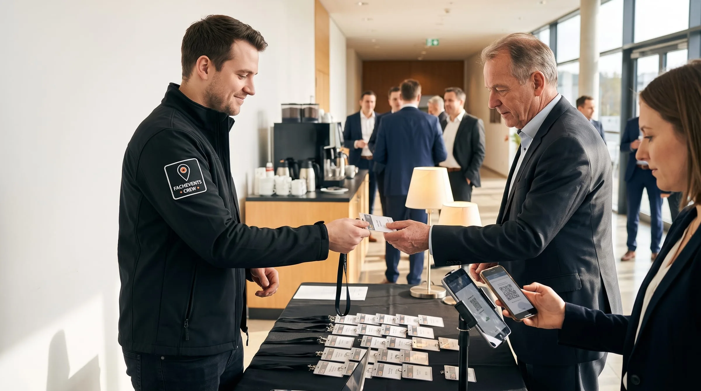 Check-in am Empfang: Ein Mitarbeiter gibt Namensschilder aus, eine Teilnehmerin zeigt ihren QR-Code