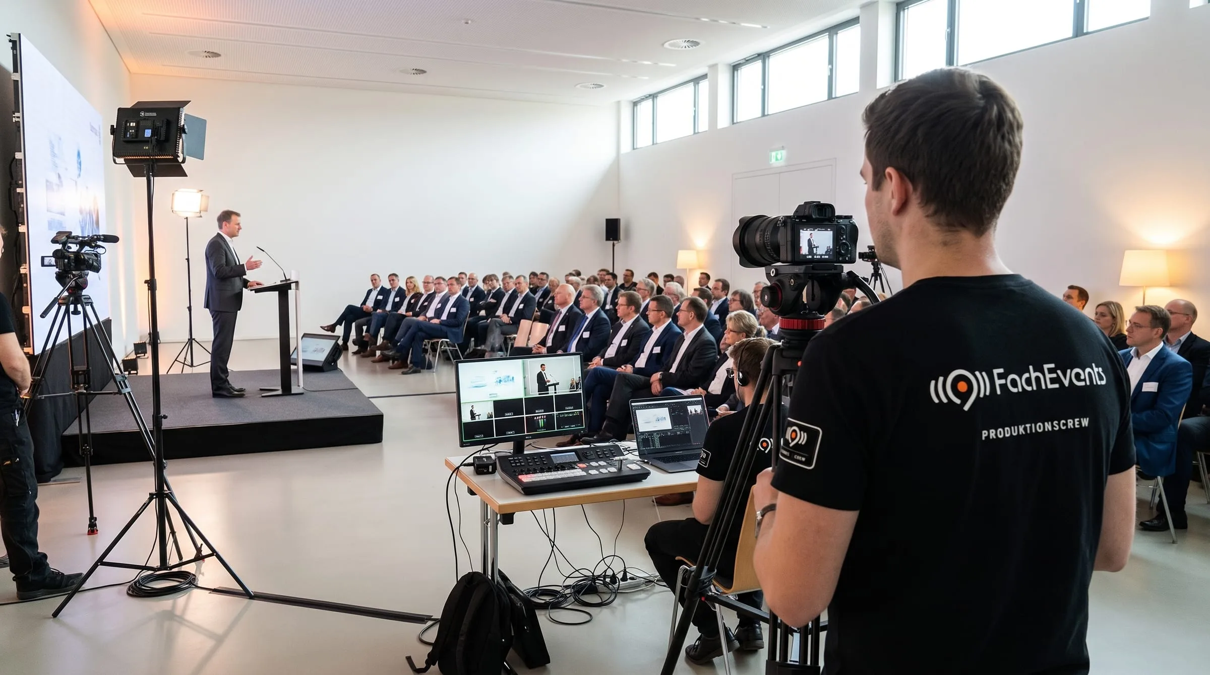 Fachtagung: Vortrag am Rednerpult vor vollem Saal, vorn ein Kameramann und der Regieplatz