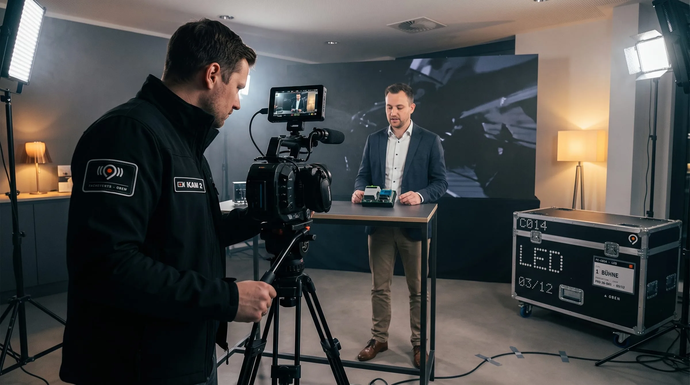 Produktdemo: Kameramann mit Crew-Abzeichen und Namensband „KAM 2“ filmt ein Sensormodul