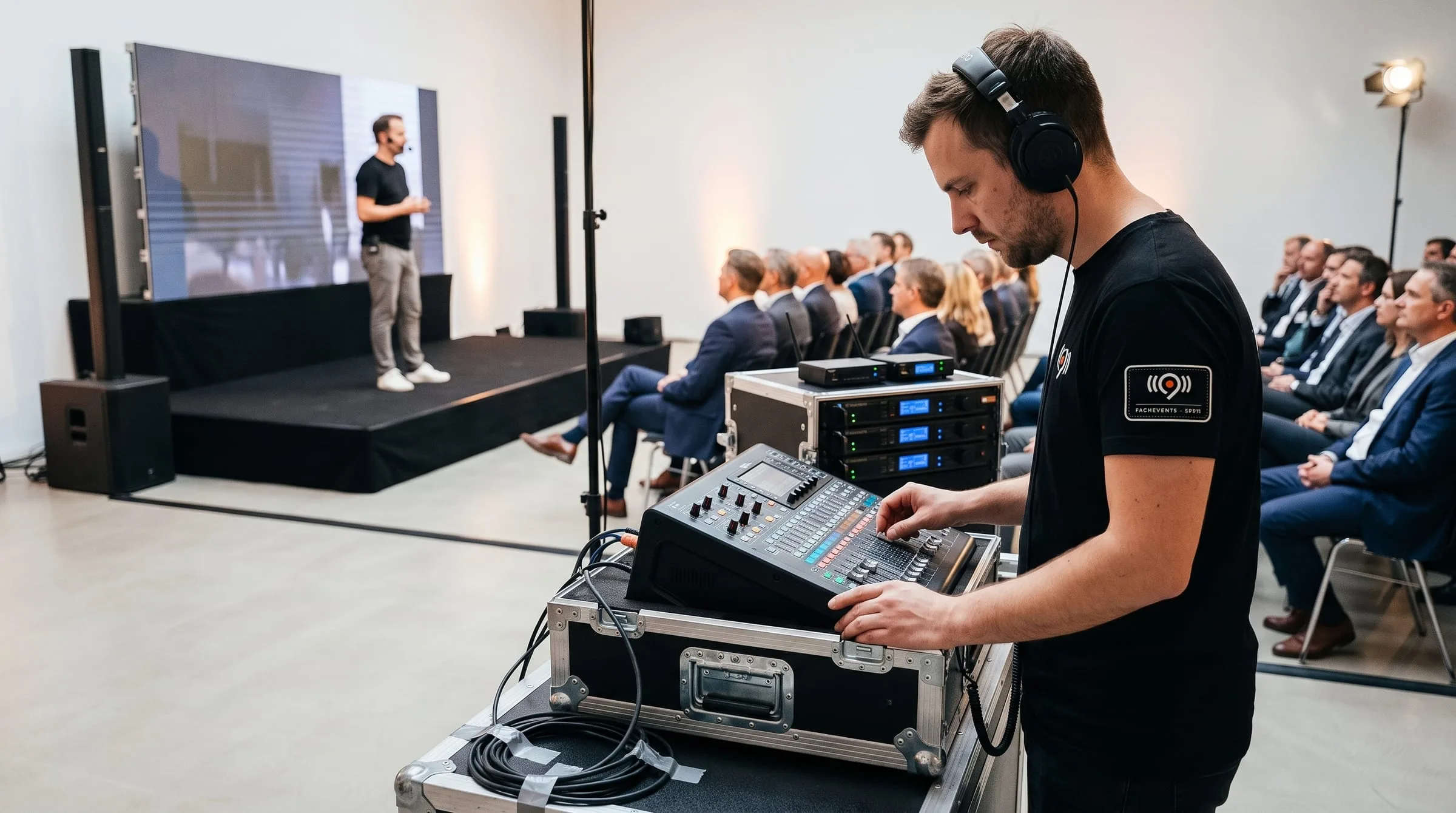Tontechnik bei einer Tagung: Ein Techniker am Mischpult, daneben die Empfänger der Funkmikrofone